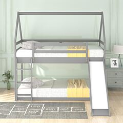 Twin Size Bunk House Bed With Slide And Ladder - White