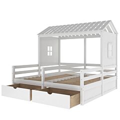 Twin Size House Platform Beds With Two Drawers For Boy And Girl Shared Beds, Combination Of 2 Side By Side Twin Size Beds - Gray