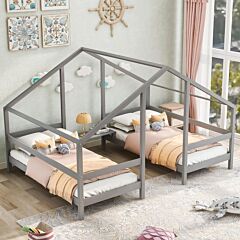 Double Twin Size Triangular House Beds With Built-in Table,gray - White