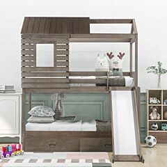 Twin Over Twin Bunk Bed With Two Storage Drawers And Slide, House-shaped Wood Bunk Bed - Gray