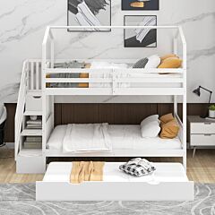 Multifunctional Twin Over Twin House Bunk Bed With Staircase And Storage Space - Gray