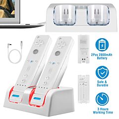 For Wii Remote Controller Charger Dual Charge Dock With Two 2800mah Rechargeable Batteries - White