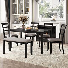 6-piece Kitchen Simple Wooden Dining Table And Chair With Bench, Fabric Cushion - Espresso