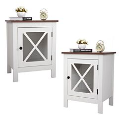 Industrial Nightstand Side Table End Table With X Design Glass Door-2 Pieces - Light Gray Wood