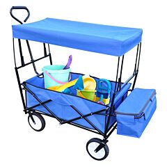 Collapsible Wagon Folding Cart With Canopy Beach Garden Outdoor Sport Utility Cart Wheels Adjustable Handle Rear Storage - Red