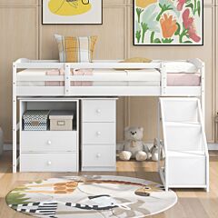 Twin Size Loft Bed With Multifunctional Movable Built-in Desk And And Staircase - White
