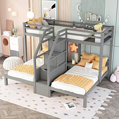 Twin Over Twin & Twin Bunk Bed With Built-in Staircase And Storage Drawer - Gray