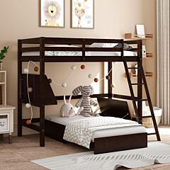 Twin Size Loft Bed Wood Bed With Convertible Lower Bed, Storage Drawer And Shelf - Gray