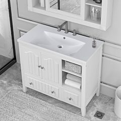 36" Bathroom Vanity With Ceramic Basin;  Bathroom Storage Cabinet With Two Doors And Drawers;  Solid Frame;  Metal Handles - Grey