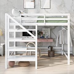 Full Size Loft Bed With Built-in Storage Staircase And Hanger For Clothes - Gray