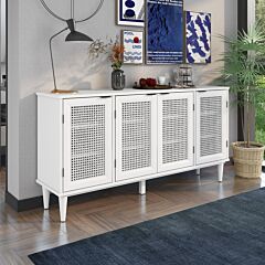 Large Storage Space Sideboard With Artificial Rattan Door And Unobtrusive Doorknob For Living Room And Entryway - Espresso