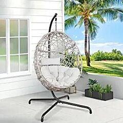 Patio Wicker Swing Egg Chair Basket Rattan Teardrop Hanging Lounge Chair With Stand And Cushions - Blue