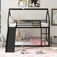 Twin Over Twin House Bunk Bed With Ladder And Slide - White