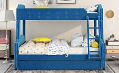 Twin Over Full Upholstered Bunk Bed With Trundle And Ladder,tufted Button Design - Blue
