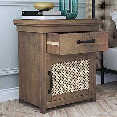 Rustic Nightstand With Drawer And Rattan Design Cabinet,natural - Gray