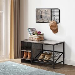 3 Tier Shoe Bench With Coat Hooks - Gray