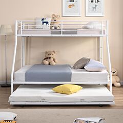 Twin Over Full Bed With Sturdy Steel Frame, Bunk Bed With Twin Size Trundle, Two-side Ladders - White