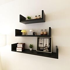 3 Black Mdf U-shaped Floating Wall Display Shelves Book/dvd Storage - Black