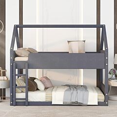 Twin Size Upholstery House Bunk Bed With Headboard And Footboard - Grey