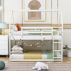 Twin Over Twin Low Bunk Bed, House Bed With Ladder , White - White