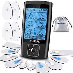 Nursal Dual Channel Ems Tens Unit 24 Modes Muscle Stimulator For Pain Relief & Muscle Strength,14 Pcs Electrode Pads - Black