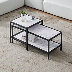 Modern Nesting Coffee Table Square & Rectangle,black Metal Frame With Wood Marble Color Top - Black