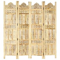Hand Carved 4-panel Room Divider 63"x65" Solid Mango Wood - Brown