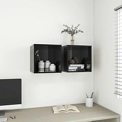 Wall Cabinets 2 Pcs High Gloss Black 14.6"x14.6"x14.6" Chipboard - Black