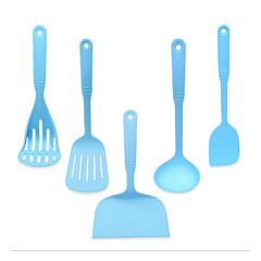 Cooking Utensil Set Of 5 Non Stick & Heat Resistant Nylon Multipurpose Includes Slotted Turner Fish Spatulas Serving Spoon Spatulas And Musher - Blue