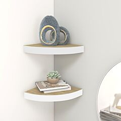 Wall Corner Shelves 2 Pcs Oak And White 13.7"x13.7"x1.4" Mdf - White