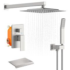 Shower System Brushed Nickel Tub Shower Faucet Set 10 Inch Square Rainfall Shower Head With Handheld Sprayer And Waterfall Tub Spout Pressure Balance Rough-in Valve Shower Mixer Combo - Brushed Nickel