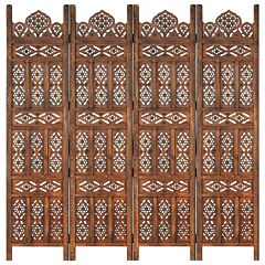 Hand Carved 4-panel Room Divider Brown 63"x65" Solid Mango Wood - Brown
