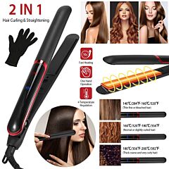 Hair Straightener Curling Iron 2 In 1 Twist Hair Straightener Ceramic Plate Hair Curler W/ Temperature Adjust Lcd Display Glove - Black