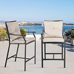 Patio Bar Stools Set Of 2 Outdoor Bar Height Chairs Patio Furniture Steel Chairs With Armrest And Cushions For Outdoor Indoor - Beige