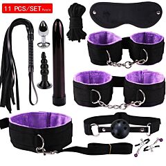 Plugs Anal Vibrator Handcuffs Mask Vibration Nipple Clamps Sm Sex Toys Set 11pcs - Purple