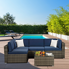 Beefurni Outdoor Garden Patio Furniture 5-piece Dark Gray Pe Rattan Wicker Sectional Navy Cushioned Sofa Sets With 2 Begie Pillows - Navy