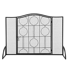 40x29in Mesh Fireplace Screen With Single Door, Wrought Iron Panel Fire Spark Guard Gate Safety Protector (black) - Black