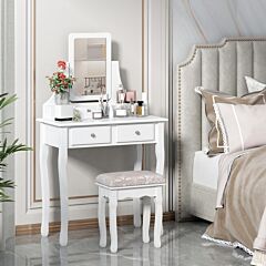 Vanity Table Set With Mirror And Cushioned Stool, Modern Makeup Dressing Table With 4 Drawers, White - Cream White