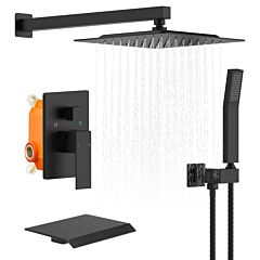 Mixer Shower Faucet Set With Waterfall Tub Spout 10 Inch Square Rainfall Shower Head With Handheld Spray Matte Black Wall Mounted Pressure Balance Rough-in Valve And Trim Included - Matte Black