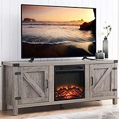 Wood Tv Stand And Electric Fireplace, Fit Up To 65" Flat Screen Tv With Storage Cabinet And Adjustable Shelves, Grey - Grey