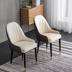 Dining Chair With Pu Leather White Solid Wood Metal Legs (set Of 2) - White