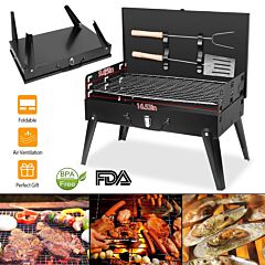 16.7x10x17.7in Portable Charcoal Grill Foldable Bbq Suitcase Grill Shelf For Outdoor Camping Picnics Garden Grilling - Black