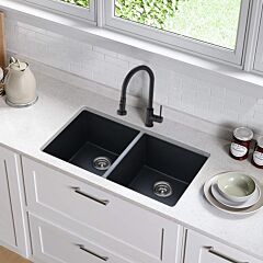 32" L X 18" W Undermount Quartz Double Bowl Kitchen Sink Matte Black With Faucet - Matte Black