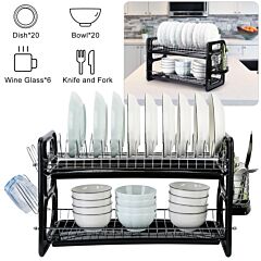 2 Tier Dish Drying Rack Drainboard Set Anti-rust Dish Drainer Shelf Tableware Holder Cup Holder For Kitchen Counter Storage - Black