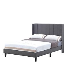 Bed Frame Set, Beds Headboard With Wings & Platform & Slats, Fabric/full Size/grey - Grey