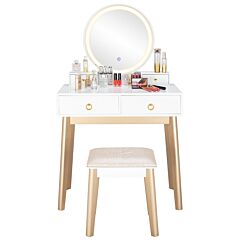 Elegant Vanity Set With Lighted Round Mirror And Cushioned Stool White&champagne Color Finish Vanity Desk Solid Wood Makeup Dressing Table W/4 Storage Drawers And Vanity Bench -women Girls Gift - White