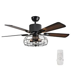 64w 52 Inch Matte Black Wrought Iron Spray Paint 5 Leaves With Remote Control Industrial Wind Fan Lamp Chandelier - Black