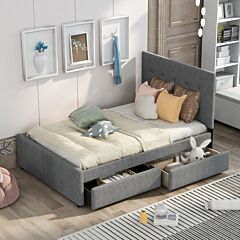 Linen Upholstered Platform Bed With Headboard And Two Drawers, Full - Gray