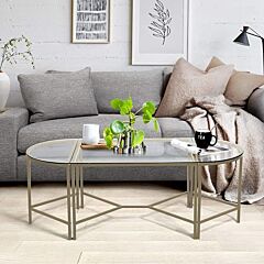 Combination Coffee Table Set Plus 2 End Side Table 3 Different Usage With Glass Top - Gold