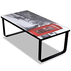 Coffee Table With Telephone Booth Printing Glass Top - Multicolour